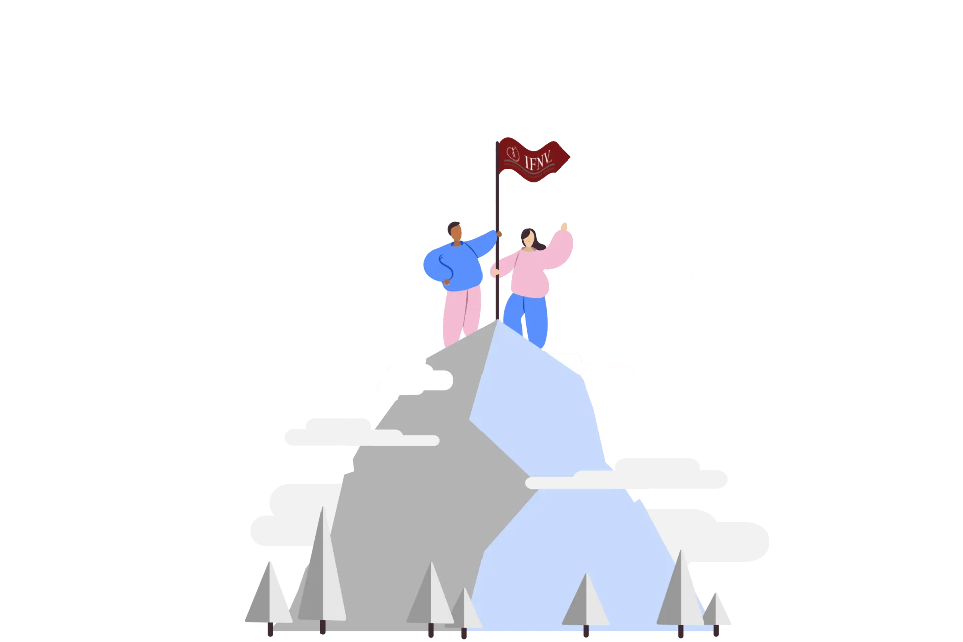Ein Mann und eine Frau auf einer Bergspitze, die harte Arbeit und einen langen Weg symbolisiert. Der Mann trägt eine Fahne des IFNV. Mithilfe eines Coachings schafft er es zum Erfolg.